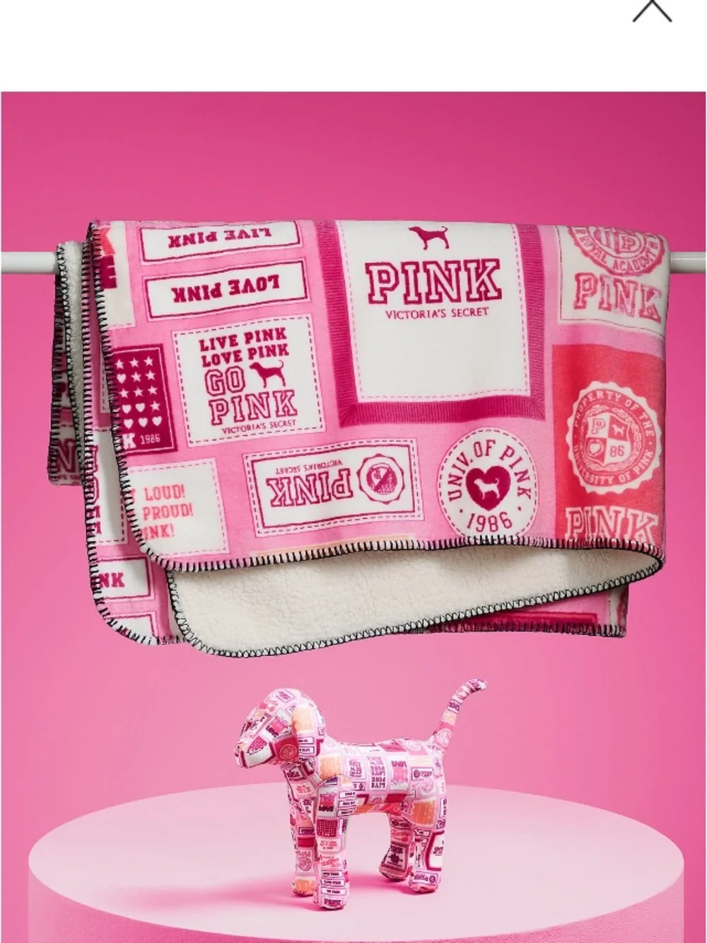 PINK Victoria's Secret Patchwork Logo Sherpa Throw - Hot Pink & Light Pink dog